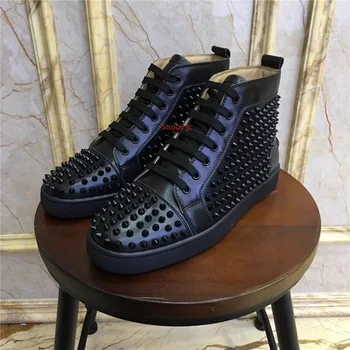 Роскошная брендовая дизайнерская обувь, черные мужские кроссовки с шипами, повседневная обувь с высоким берцем, мужская обувь на плоской подошве со шнуровкой