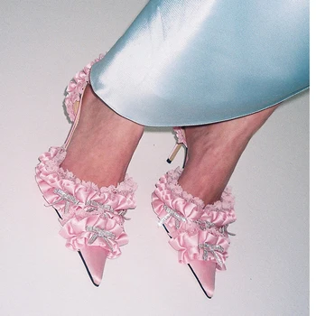 ZOOKERLIN/ Женские босоножки с острым горным хрусталем, бантом и шелковыми воланами, Модная обувь для вечеринок, женские туфли на высоком каблуке-шпильке, летние размеры 42