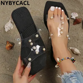Женская летняя обувь с жемчугом, пляжные тапочки на плоской подошве в богемном стиле, женские сандалии из ПВХ Mujer Verano 2023, Zapatillas Mujer, Новинка