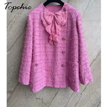 Корейская модная женская куртка из розового твида 2023, весна-осень, Роскошная дизайнерская одежда, элегантный бант, пальто из шерсти и смесей Mujer