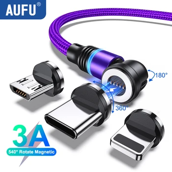 AUFU 540 Вращающийся Магнитный Кабель Type C Для Samsung Xiaomi 3A Провод Для Быстрой Зарядки Micro USB Шнур Для Передачи данных Магнитное Зарядное Устройство Для iPhone 14