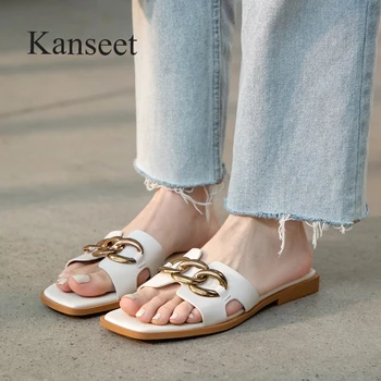 Kanseet Лето 2021, Новые женские тапочки с металлическим украшением, женская обувь из натуральной кожи, Комфортные базовые женские тапочки на низком каблуке