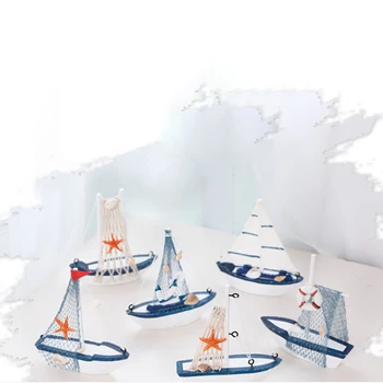 Модель парусника Деревянная Парусная лодка Украшение дома Пляж Морской Дизайн Темно-синий