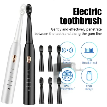 Звуковая перезаряжаемая электрическая зубная щетка, моющийся Таймер отбеливания для мужчин и женщин, взрослый с 4 шт. мягкими волосами IPX7 Водонепроницаемый