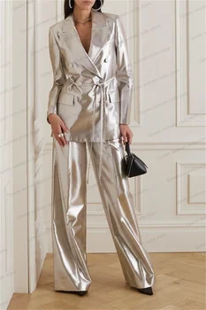 Блестящий атласный Свадебный женский костюм, Блейзер + широкие брюки, официальная офисная женская куртка с поясом, платье для выпускного вечера, сшитое на заказ осеннее пальто