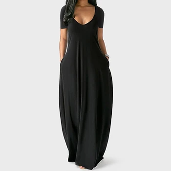 Летнее платье Макси для женщин, одежда 2023, Модное однотонное сексуальное повседневное платье с глубоким V-образным вырезом и коротким рукавом, халат с высокой талией и карманами