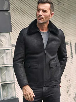 Новая мужская дубленка, Короткая меховая куртка, пальто из натуральной овчины с лацканами, Повседневная зимняя верхняя одежда