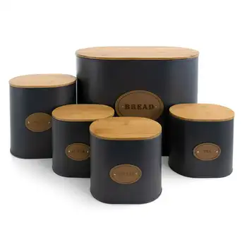 Набор канистр для хранения и организации пищевых продуктов из 5 предметов серого цвета с бамбуковыми крышками