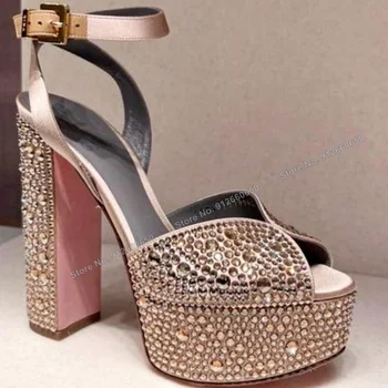 Abesire/ Босоножки на платформе с открытым носком и кристаллами, Розовые, черные, с пряжкой, на высоком массивном каблуке, Разноцветная Летняя женская обувь на каблуках, Сандалии