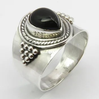 Кольцо с полудрагоценным камнем черного цвета в племенном стиле, Размер 8,5 