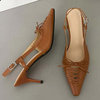 Элегантные женские туфли на каблуке 2023, Новинка лета, модные женские туфли-лодочки с острым носком на мелкой шнуровке, Сандалии, Женская обувь на высоком каблуке