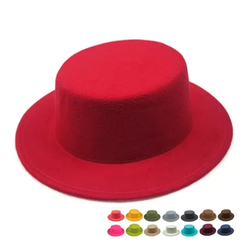Элегантные женские кепки с широкими полями в британском стиле, шляпы-котелки, фетровые шляпы с плоским верхом, женские однотонные шерстяные кепки с имитацией джаза