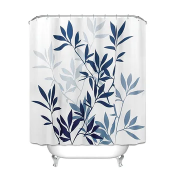 Занавеска для душа Inyahome Ботанический синий лист с 12 крючками Декоративные занавески для ванны с растениями Занавеска для душа для аксессуаров для ванной комнаты