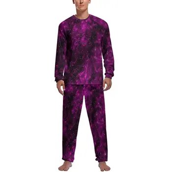 Фиолетовая пижама Galaxy, Весна, 2 предмета, Элегантные Пижамные комплекты с космическим принтом, Мужские Длинные рукава, Эстетическая Графическая Пижама