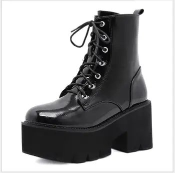 Классические мотоциклетные ботинки на массивном каблуке для женщин, осенне-зимние ботинки, модные армейские ботинки на шнуровке с круглым носком, женская обувь на высоком каблуке