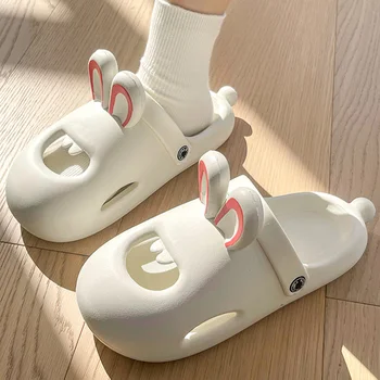 Женские тапочки с милым кроликом, Летние шлепанцы 2023, мягкие нескользящие сандалии на платформе, повседневная однотонная женская обувь для пары