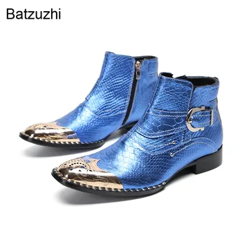 Batzuzhi/ Мужская обувь итальянского типа; Ботинки с Золотым Металлическим Носком; Синие Кожаные Ботильоны; Мужские Модные Синие Ботинки на молнии для Вечеринок; Botas, US6-12
