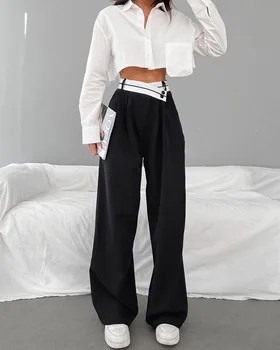 Широкие брюки в стиле пэчворк для женщин, повседневные брюки с высокой талией, Элегантные Мешковатые брюки, Офисные женские Черные Модные весенне-летние 2023