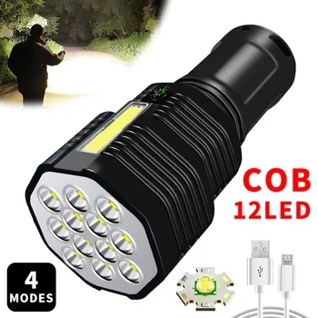 Мощный светодиодный фонарик 12-ядерный USB-перезаряжаемый фонарик с боковой подсветкой COB, 4 режима, уличный водонепроницаемый фонарик для кемпинга, пеших прогулок