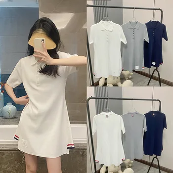 Высококачественное Корейское Модное платье TB, Рубашка-поло, Летний Пуловер с коротким рукавом, Длинная Юбка, Милая Однотонная юбка-трапеция Для Колледжа