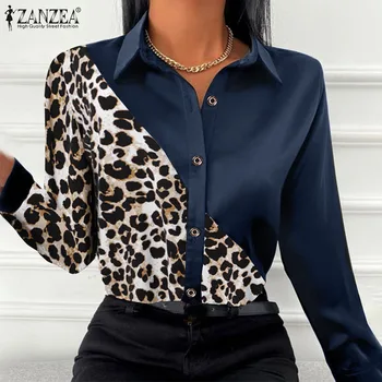 Женская Элегантная рубашка на пуговицах с длинным рукавом, атласная сорочка с принтом 2023, стильная леопардовая лоскутная блузка ZANZEA, нерегулярные вечерние топы