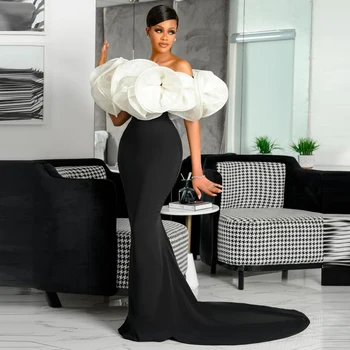 Элегантные черно-белые вечерние платья в стиле Aso Ebi в форме Русалки со шлейфом и пышными оборками, без бретелек, с рукавами-колпачками