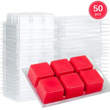 50 упаковок Форм для расплавления восковых раковин, квадратные формы в форме сердца, 6 полостей, прозрачный пластиковый лоток для изготовления свечей и мыла