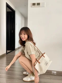 Корейский аутентичный нишевый дизайн, кожа, воловья кожа, шнурок, хлопок, модная холщовая сумка большой емкости, переносная большая сумка