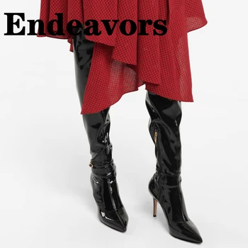 Пикантные черные Женские кожаные сапоги выше колена на высоком каблуке в Европейском и американском стиле, большие размеры, современные модные сапоги для показа