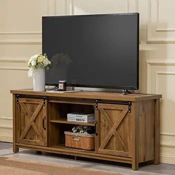 Подставка для телевизора в фермерском доме с раздвижными дверями Амбара, Консольный столик для мультимедийно-развлекательного центра для телевизоров до 65 \u201D, 2-уровневое Вместительное хранилище