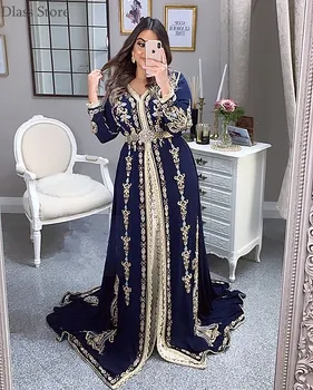 Navy Blue Evening Dress Long Sleeves V-neck Luxury Applique Sweep Train Muslim A-line Satin Prom Dress платье на выпускной