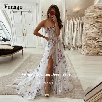 Длинные Платья для выпускного вечера из тюля с цветочным принтом Verngo Fairy, блестящие вечерние платья с разрезом сбоку из тюля с 3D цветами, Vestido de fiesta
