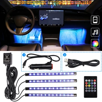 Универсальные 48/72 светодиодных автомобильных атмосферных фонарей для автомобилей с беспроводным пультом дистанционного управления музыкой, подсветкой для ног, USB-прикуривателем