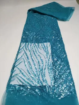 Кружевная ткань ручной работы с пайетками для Жениха в африканском стиле, Синий Высококачественный Бисер, вышивка, Французский тюль, Кружево, Пошив Свадебного платья в Нигерийском стиле