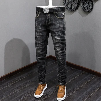 Модные Дизайнерские мужские джинсы в стиле Ретро, черные, серые, эластичные, приталенные, рваные джинсы, Мужские брюки, Винтажные повседневные джинсовые брюки-стрейч Hombre