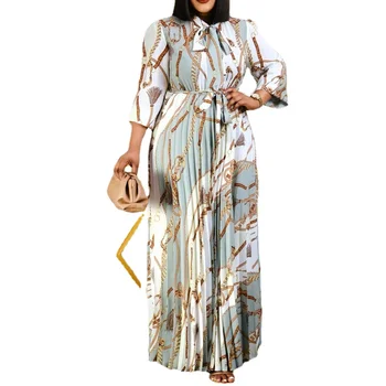 Африканские Модные Длинные Платья Макси для женщин 2023, Винтажный Принт с бантом на шее, Блоггер Рекомендует Летнее Пляжное Плиссированное Платье Abayas в стиле Бохо