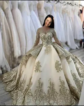 Винтажное Свадебное платье с длинными рукавами и золотистыми кружевными аппликациями, Шлейф в виде Часовни, Блестящие Бальные платья, Пышное платье невесты