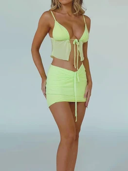 Женский комплект летней юбки Y2K с галстуком-красителем из двух частей, Сексуальные топы в стиле пэчворк с бретельками на шее Для девочек, Облегающая юбка Трапециевидной формы, 2 предмета уличной одежды