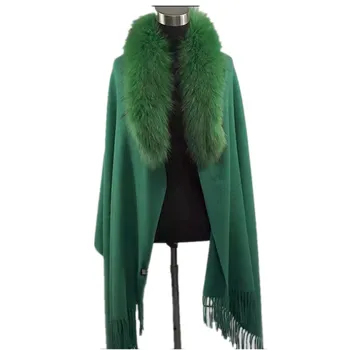 Длинный зимний шарф из 100% шерсти с воротником из натурального лисьего меха, женская пушистая шаль, обертывания