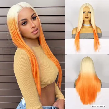 Длинные синтетические прямые парики от светлых до оранжевых для женщин, сменный парик из волос средней части на шнурке спереди для косплея, ежедневного использования