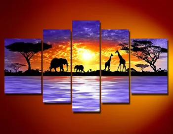 Ручная роспись, Восход Солнца, Морской пейзаж, Картина маслом на холсте, высококачественный современный пейзаж, Декор стен, Картина с жирафом и слоном