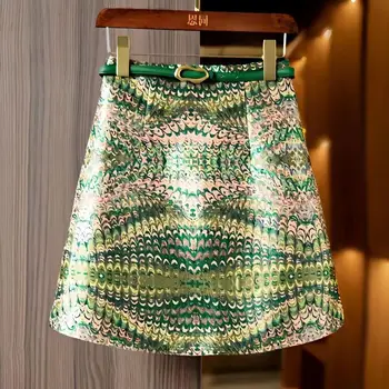 2023 Весенне-Летняя Зеленая Короткая юбка Трапециевидной формы с высокой Талией, Завернутая в Бедра, для Поездок на работу в стиле ретро С Принтом