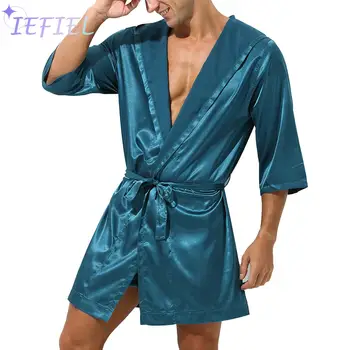 Мужское атласное Кимоно с поясом, Халат с коротким рукавом, ночное белье, Одежда для отдыха на пляже, Халат с капюшоном, открытый спереди