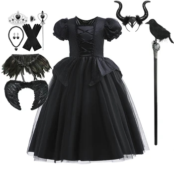 Костюм на Хэллоуин для девочек 2-10 лет, Сетчатое платье принцессы с Малефисентой, черное платье ведьмы для ролевых игр, Карнавальный костюм для вечеринки, фантастическое платье