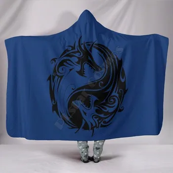 Голубое Одеяло С капюшоном с Драконами Инь Ян, 3D Печатное Носимое Одеяло Для Взрослых И Детей, Различные Типы Одеял С капюшоном, Флисовое одеяло