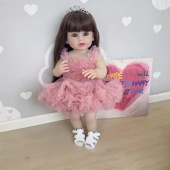 55 см полное тело мягкие силиконовые винил возрождается стенд малыш девочка куклы реалистичные на самом деле кукла с розовый платье груза падения
