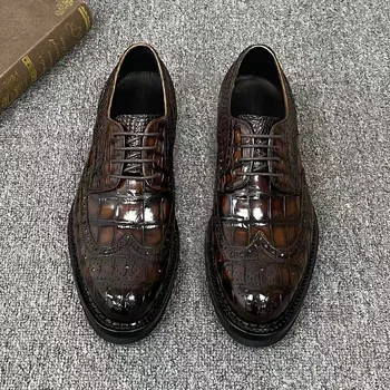 Мужские оксфорды из натуральной крокодиловой кожи ручной росписи в британском стиле, мужские туфли-дерби с перфорацией типа 