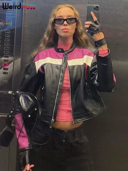 Женская Хипстерская кожаная куртка Weird Puss, осенний тренд, лоскутная водолазка на молнии с карманом, повседневная верхняя одежда для улицы, верхняя одежда