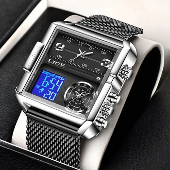Модные Черные Стальные часы LIGE Мужские Цифровые часы с двойным дисплеем, Спортивный Хронограф, Водонепроницаемые Кварцевые Наручные часы, Мужские Военные часы