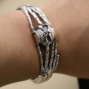Браслет со скелетом из стерлингового серебра S925 пробы для мужчин, тайские серебряные браслеты с черепом и браслет ручной работы из резной человеческой кости, изысканные ювелирные изделия